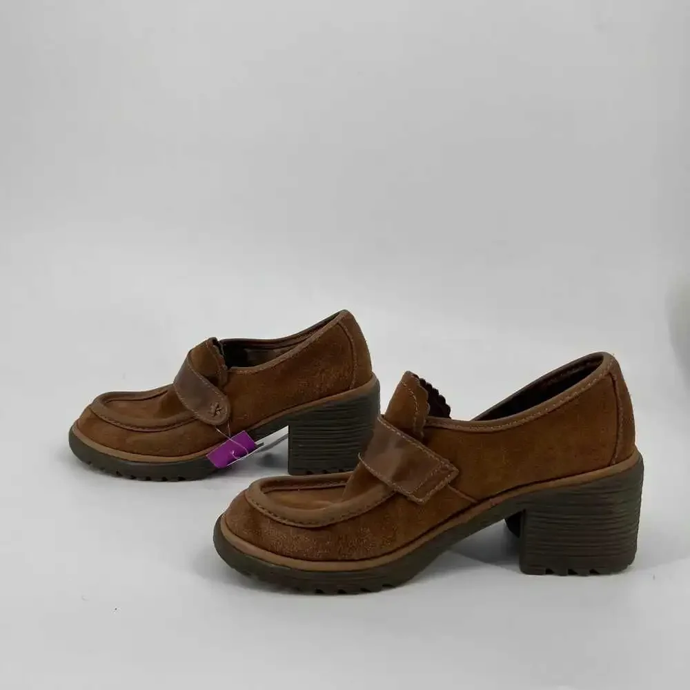 Fly London Tan Suede Block Heel Loafers | Size 39EU